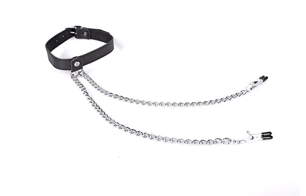 Schwarzes Lederhalsband mit verstellbaren Nippelklemmen – Nipple Play