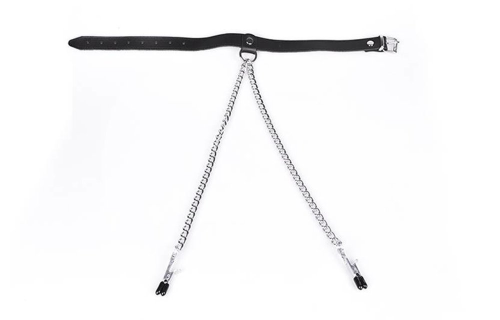 Schwarzes Lederhalsband mit verstellbaren Nippelklemmen – Nipple Play