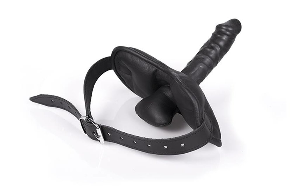 Mouthfuck Gag van Zwart Leer met Penisdesign – Duurzaam & Stevig