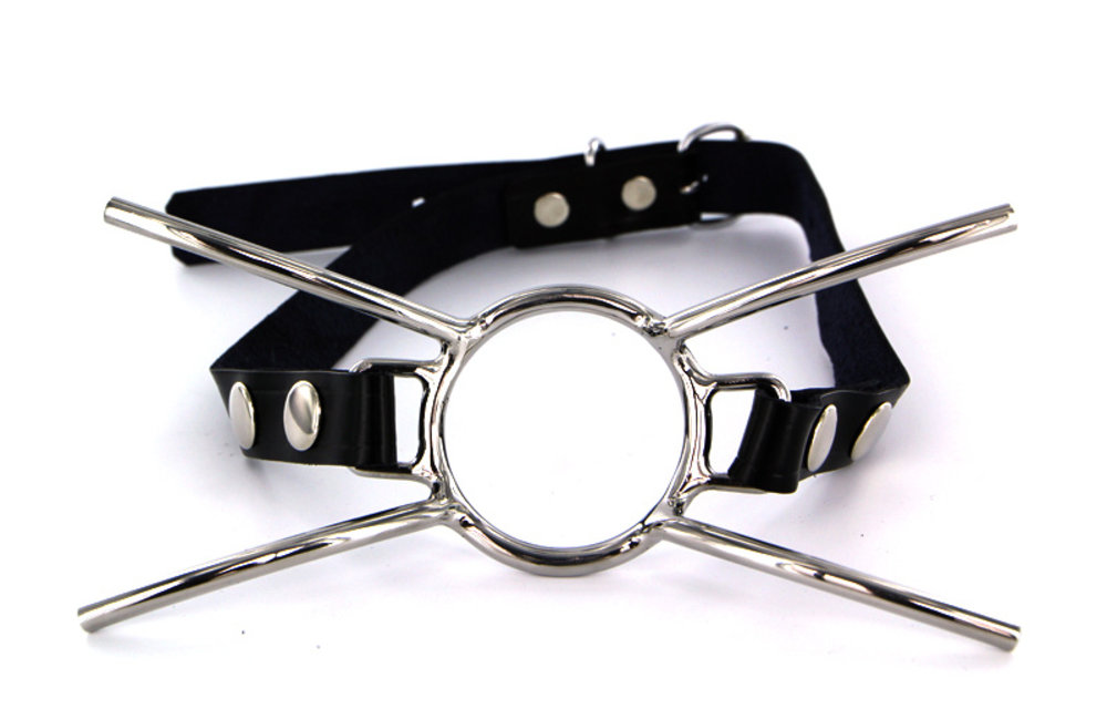 Cat Open Ring Gag | Black leather with silver studs