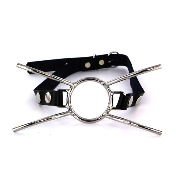 Cat Open Ring Gag | Black leather with silver studs