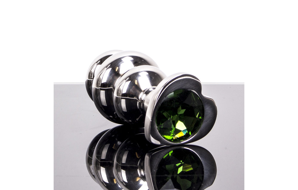 Hartvormige geribbelde buttplug 9 cm RVS groen diamant