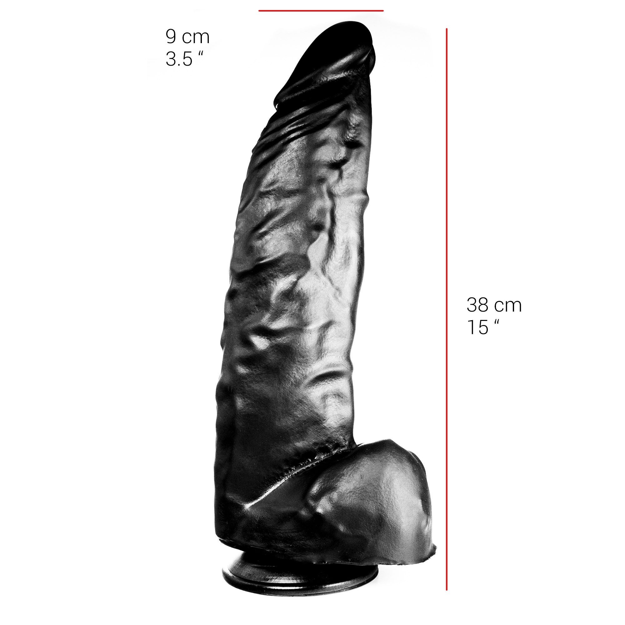 Dildo 38 cm 9 cm | Saugnapf, Hautfarben & Schwarz, PVC & Sicher
