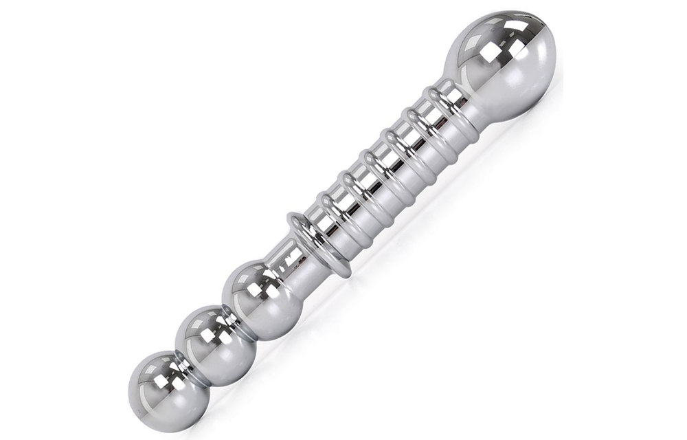 Abgerundeter doppelter Stahldildo 19 cm – rau & gerippt