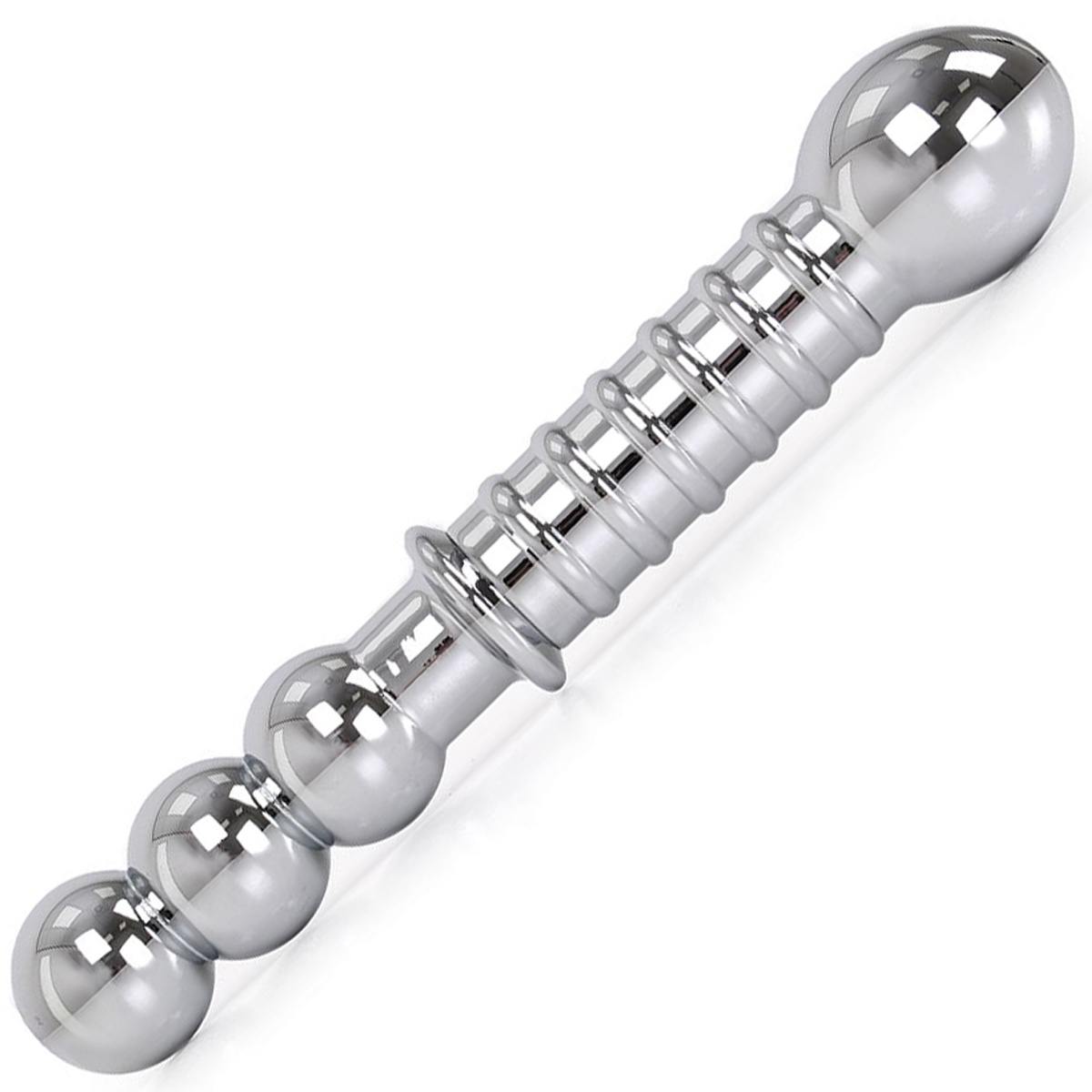 Abgerundeter doppelter Stahldildo 19 cm – rau & gerippt