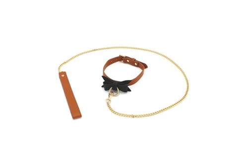 Bruine Halsband & Leiband Vegan Leer Met Zwart Strikje