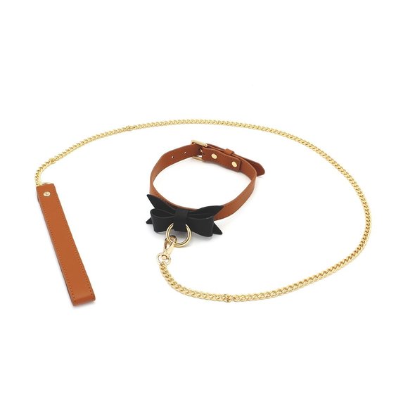 Bruine Halsband & Leiband Vegan Leer Met Zwart Strikje