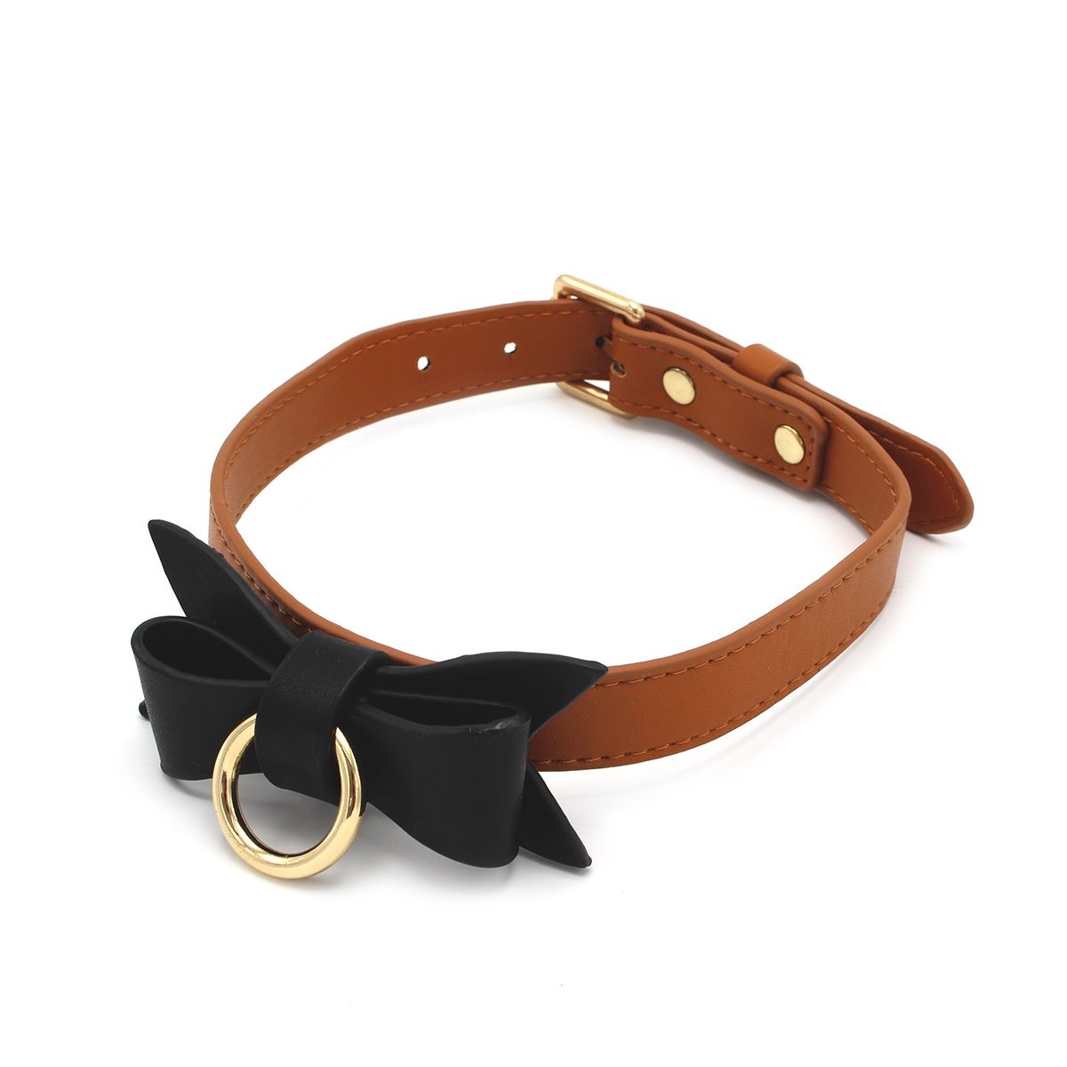 Collar & Leash Brown Leather With Bow Tie