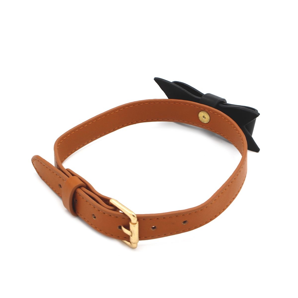 Brown Collar & Leash Vegan Leather With Black Bow