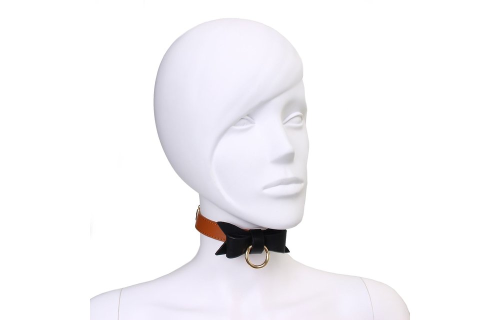 Brown Collar & Leash Vegan Leather With Black Bow
