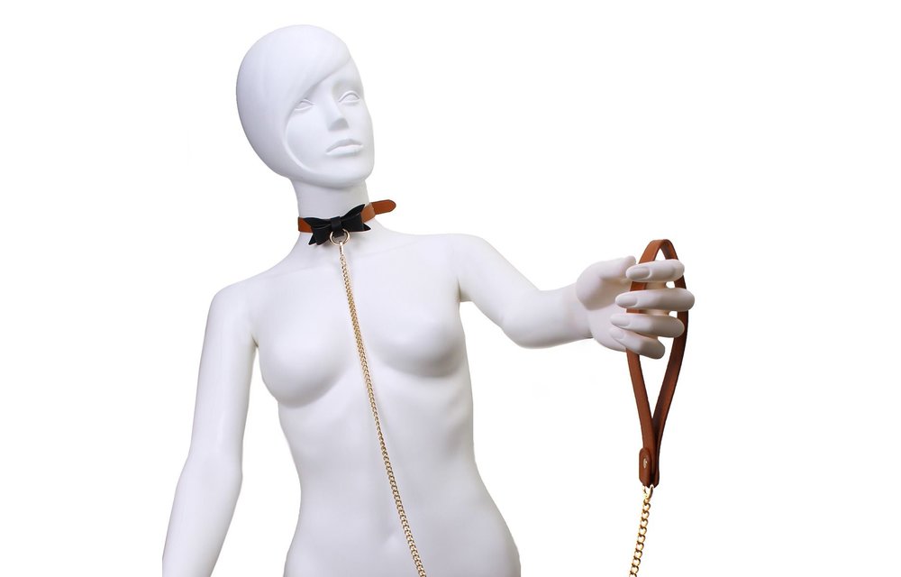 Brown Collar & Leash Vegan Leather With Black Bow