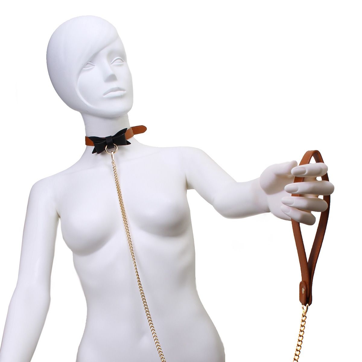 Bruine Halsband & Leiband Vegan Leer Met Zwart Strikje