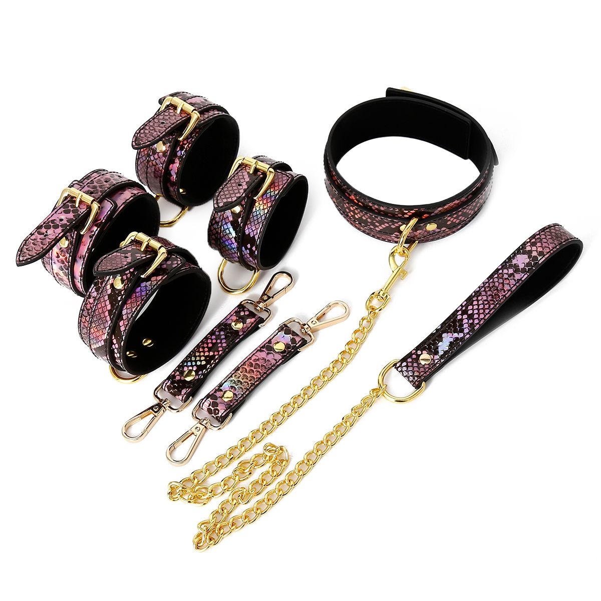 BDSM Set Goud Reptielen Print Vegan PVC Leder Neon Roze