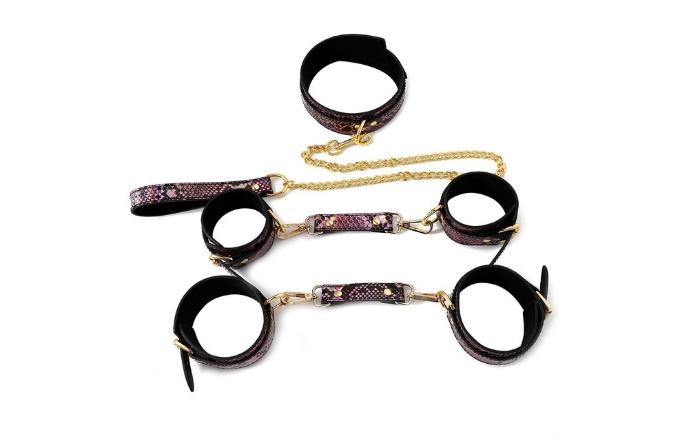 BDSM Set Goud Reptielen Print Vegan PVC Leder Neon Roze