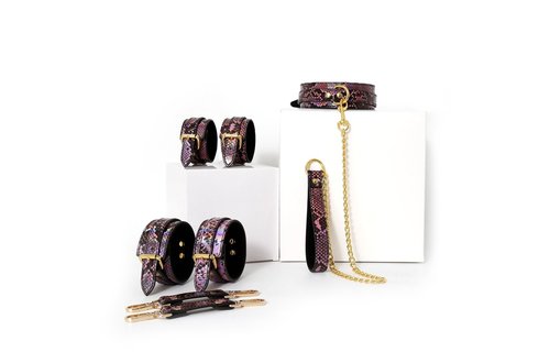 BDSM Set Gold Reptile Print Vegan PVC Leather Neon Pink