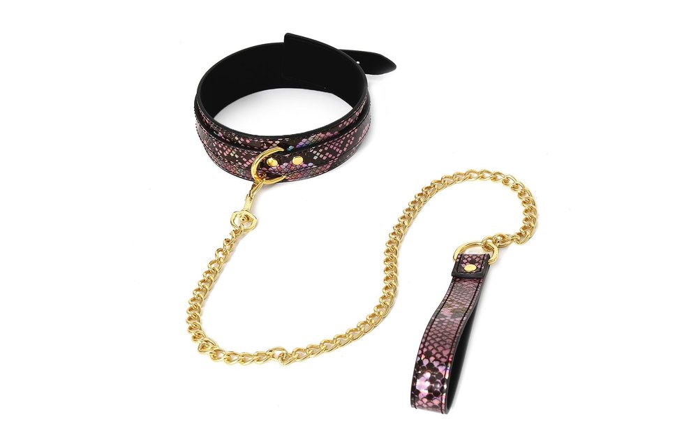 BDSM-Set Gold Reptilienprint Vegan PVC Leder Neon Pink