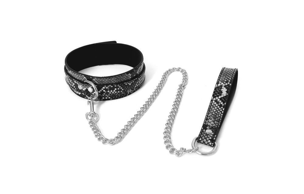 Schwarz-silbernes Halsband mit Reptilienprint und Leine aus PVC-Leder