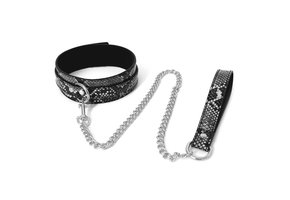 Black Silver Reptile Print Collar with Leash PVC Leather