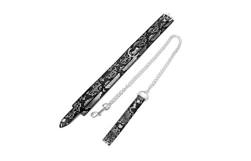 Schwarz-silbernes Halsband mit Reptilienprint und Leine aus PVC-Leder