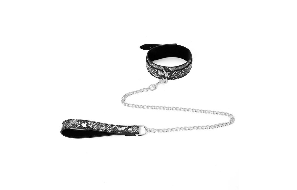 Schwarz-silbernes Halsband mit Reptilienprint und Leine aus PVC-Leder
