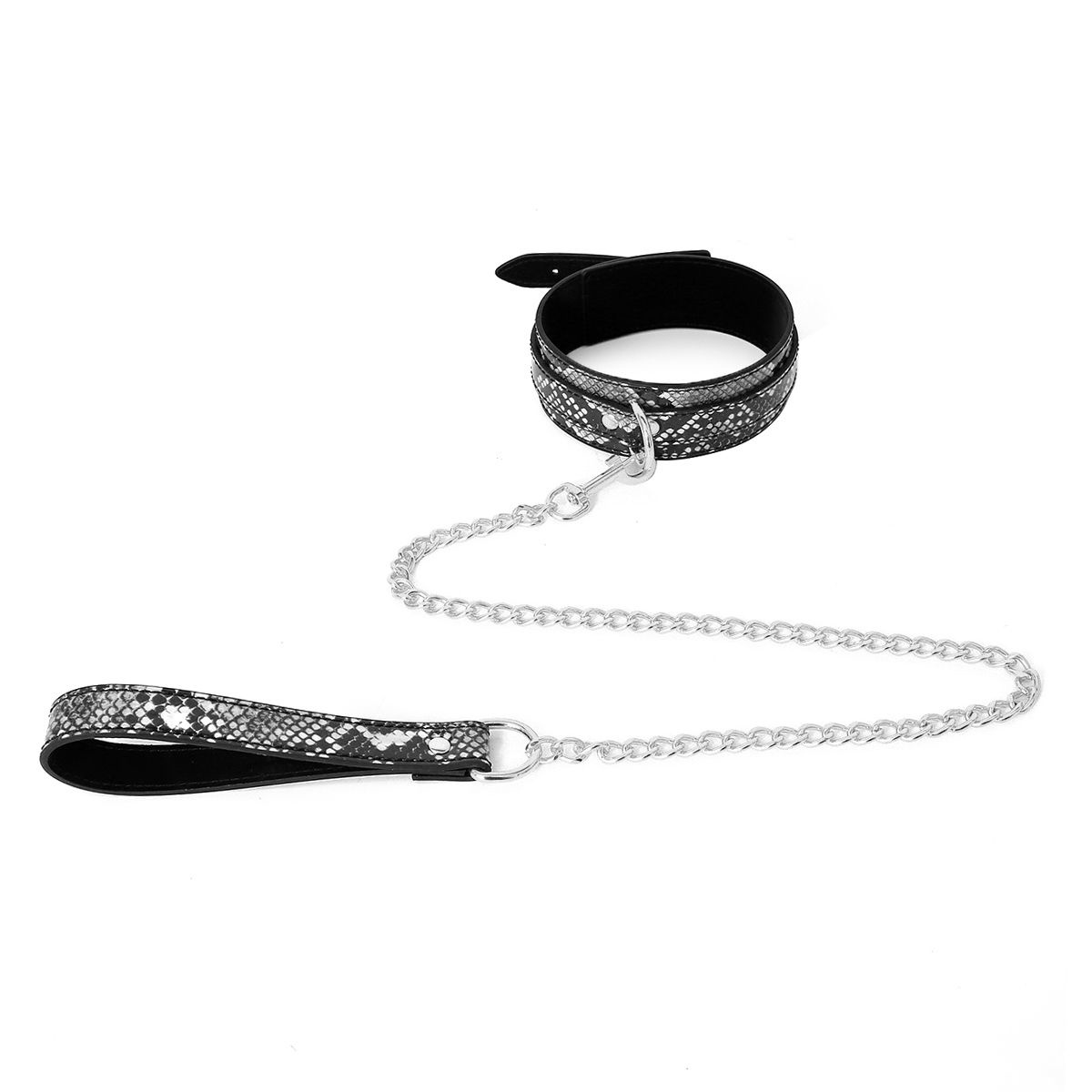 Schwarz-silbernes Halsband mit Reptilienprint und Leine aus PVC-Leder