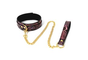 Gold Pink Reptile Print Collar & Leash | Vegan PVC BDSM