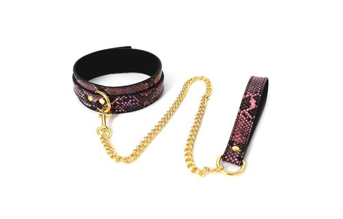 Gold-rosa Reptilienprint-Halsband & Leine | Veganes PVC BDSM