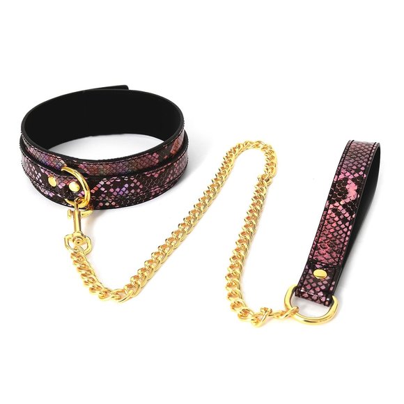 Gold Pink Reptile Print Collar & Leash | Vegan PVC BDSM