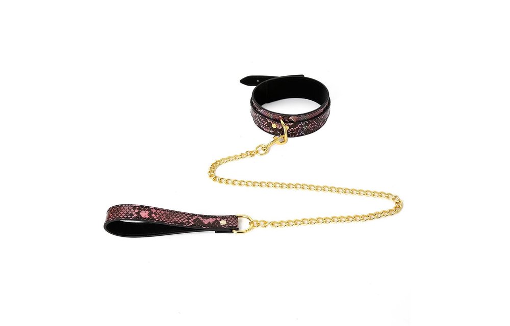 Gold-rosa Reptilienprint-Halsband & Leine | Veganes PVC BDSM