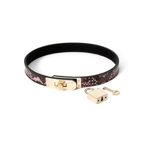 Narrow Gold Pink Reptile Print Collar – Vegan PVC BDSM
