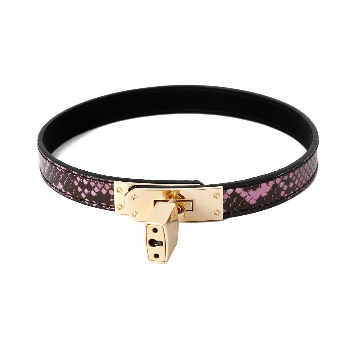 Narrow Gold Pink Reptile Print Collar – Vegan PVC BDSM