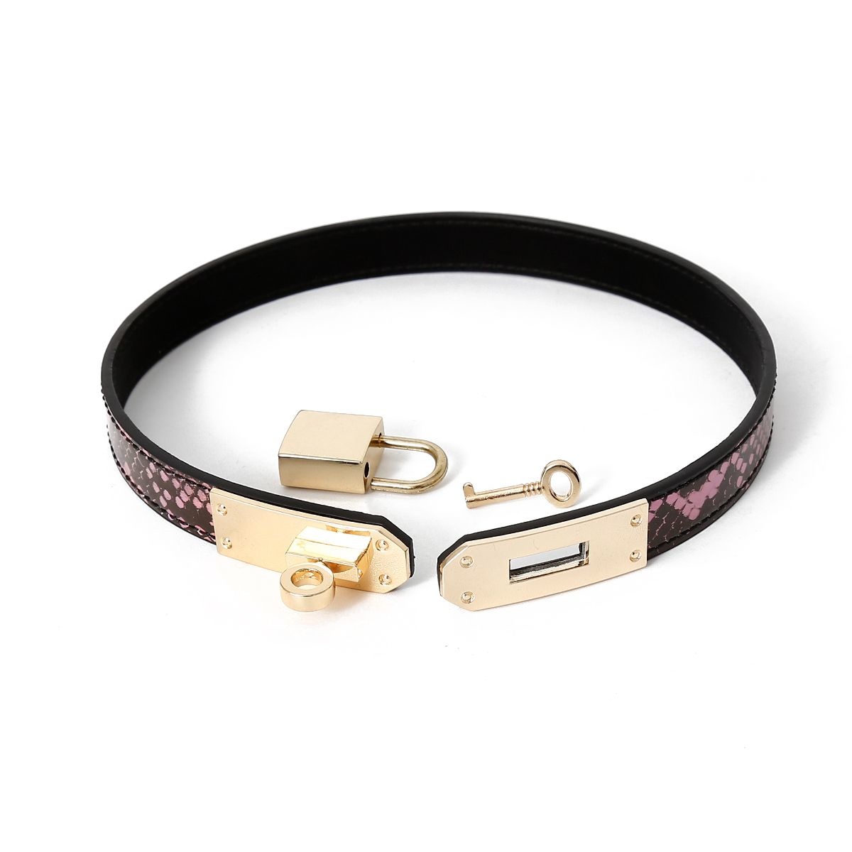 Smal Goud Roze Reptielen Print Collar – Vegan PVC BDSM
