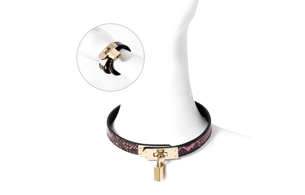 Schmaler goldrosa Kragen mit Reptilienprint – veganes PVC BDSM