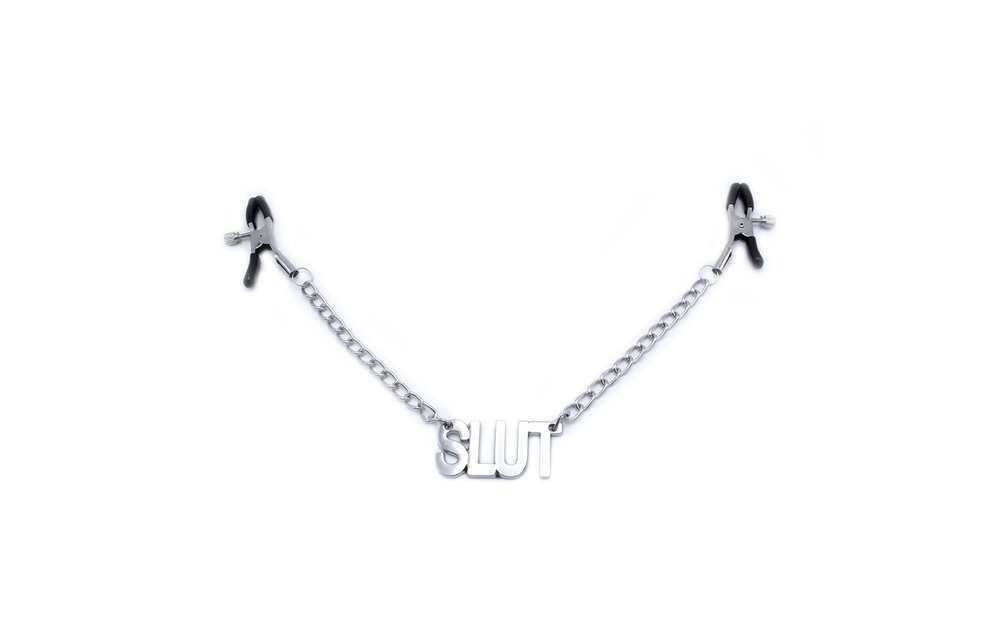 Nipple Clamps SLUT with Name Tag - Adjustable Tweezer Clamps