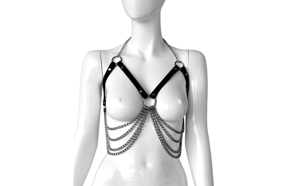 Adjustable leather bra with chains