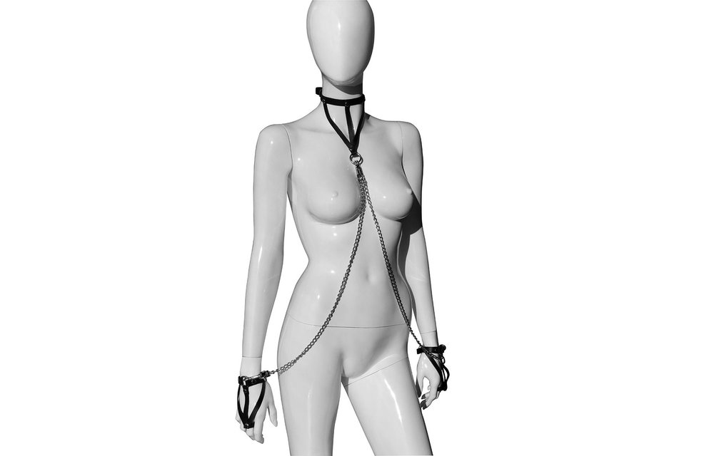 Leather hand cuffs with collar and chains