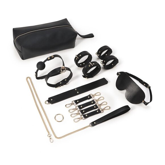 BDSM Fancy 9 Item Kit Schwarz – Luxuriöses veganes PU-Leder-Set
