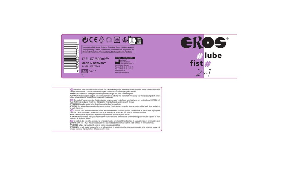 Eros #lube #fist 500ml – 2in1 Hybride Fisting Glijmiddel