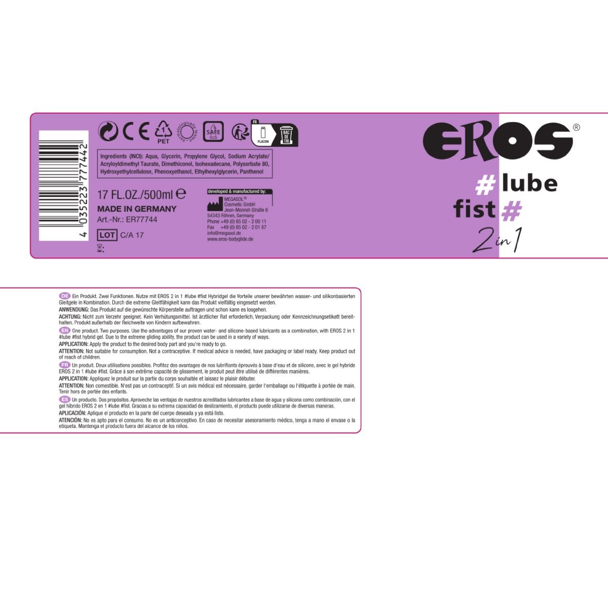 Eros #lube #fist 500ml – 2in1 Hybride Fisting Glijmiddel
