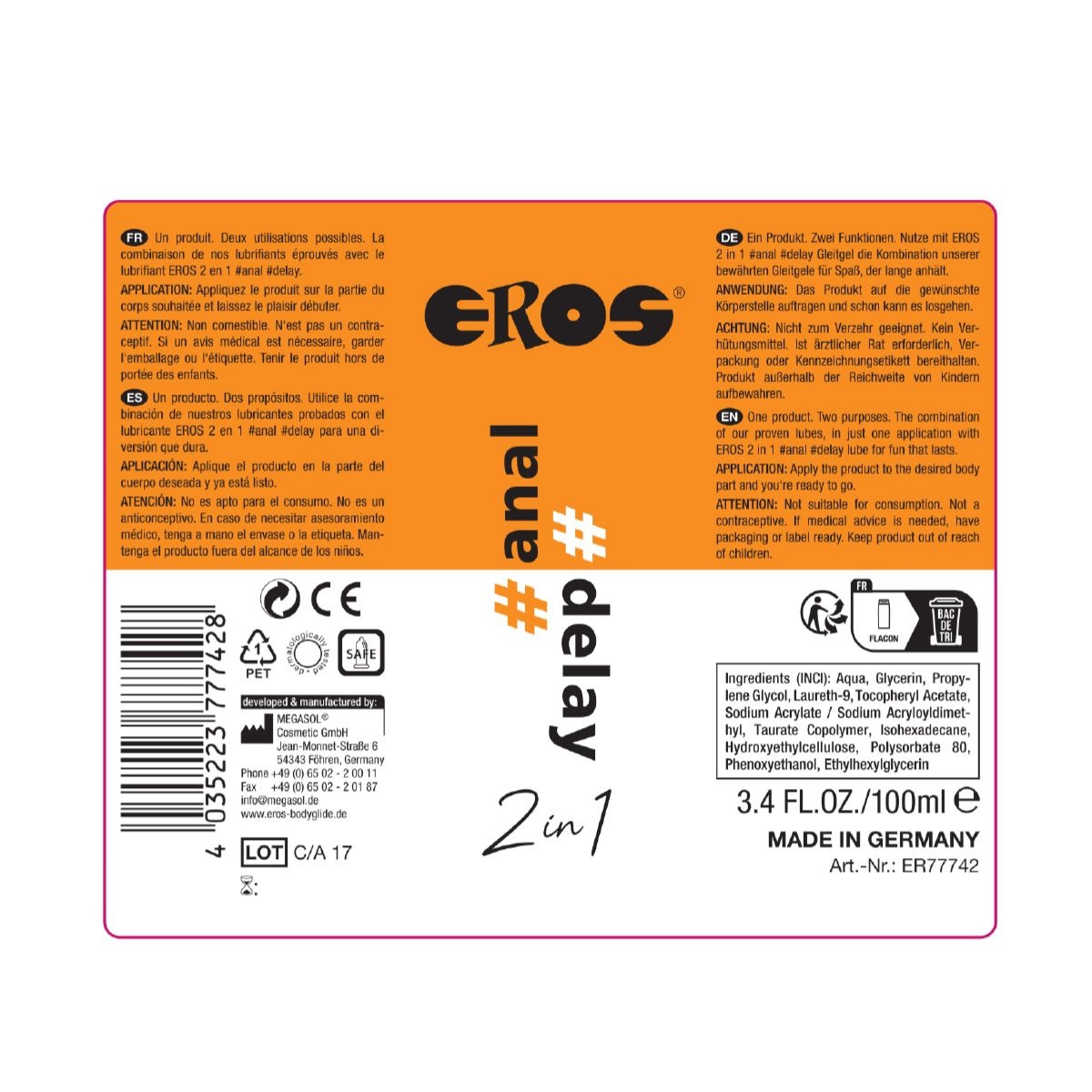 Eros Anal Delay Gleitmittel 2in1 250 ml – Komfort & Vergnügen