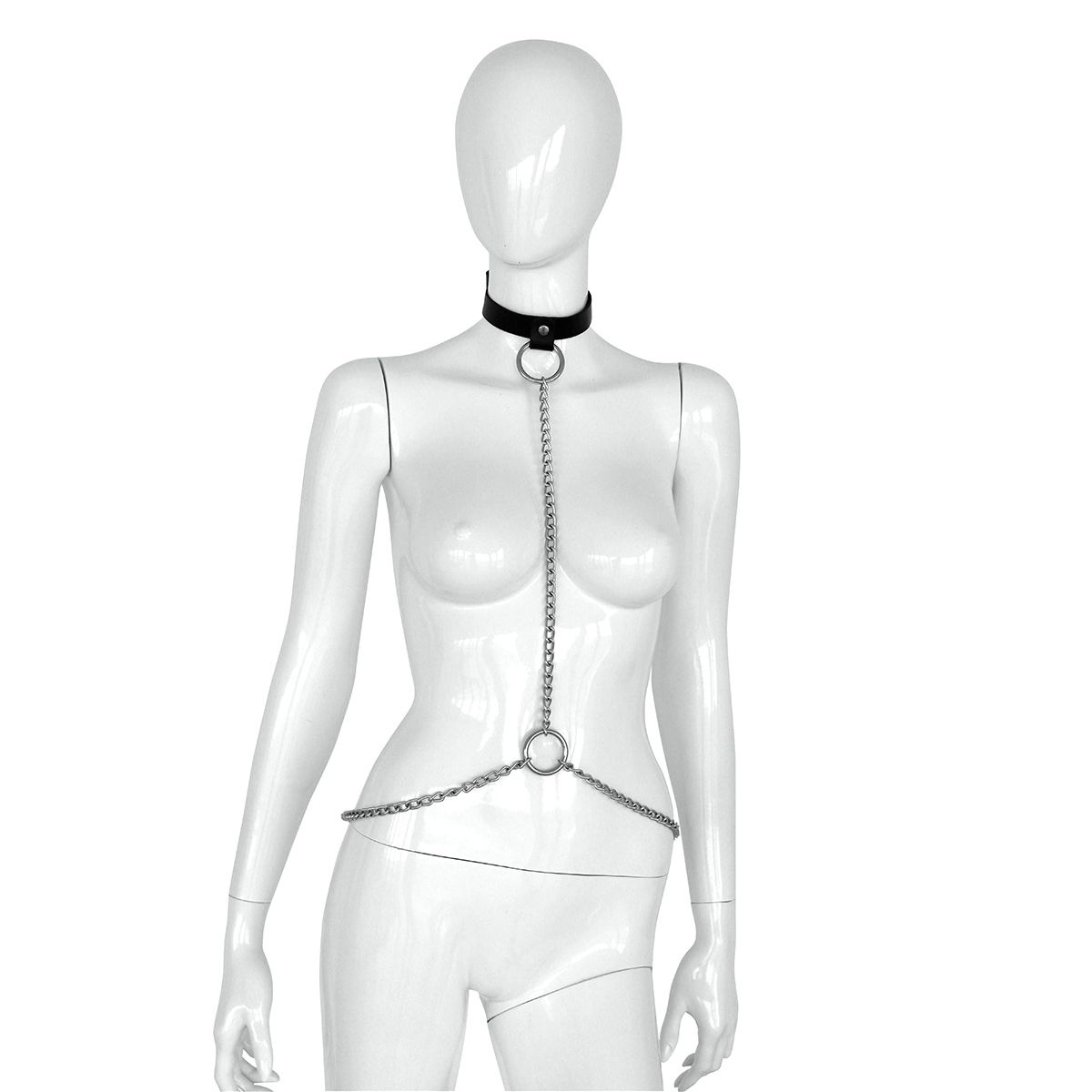 Deluxe Black Leather Collar and Chains