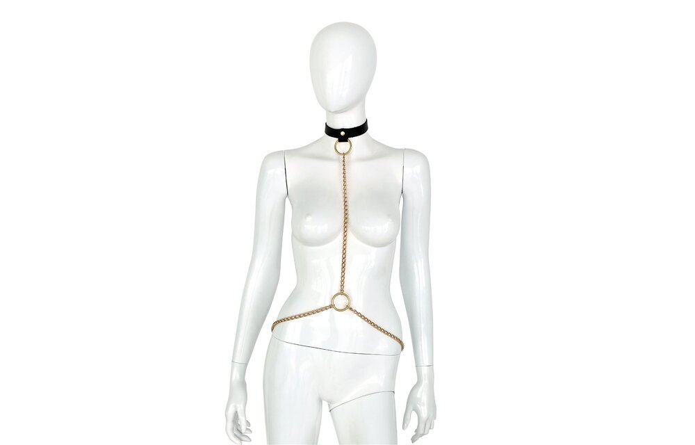 Luxuriöses schwarzes Lederhalsband mit goldenen Ketten – BDSM-Accessoire