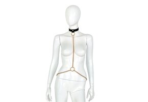 Deluxe Black Leather Collar and Gold Chains