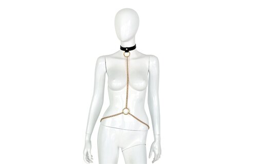 Deluxe Halsband aus schwarzem Leder und goldenen Ketten