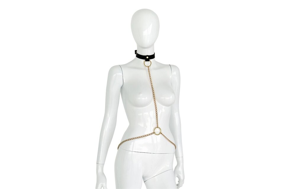 Luxe Zwart Lederen Halsband met Gouden Kettingen – BDSM Accessoire