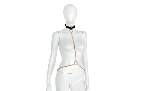 Luxury Black Leather Collar with Gold Chains – BDSM Accessory