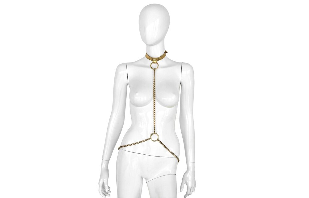 Luxe Gouden Leren Halsband & Kettingen voor BDSM Elegantie