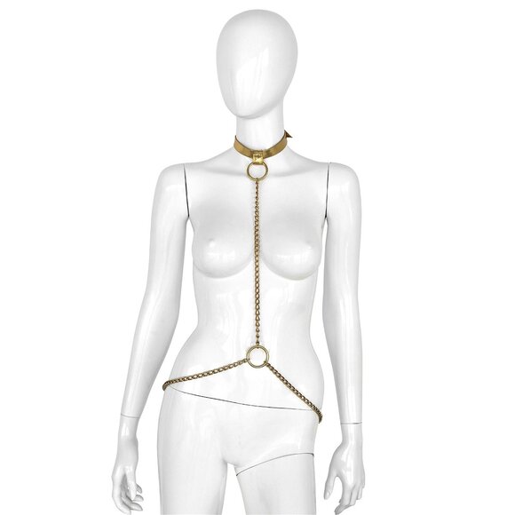 Luxury Gold Leather Collar & Chains for BDSM Elegance