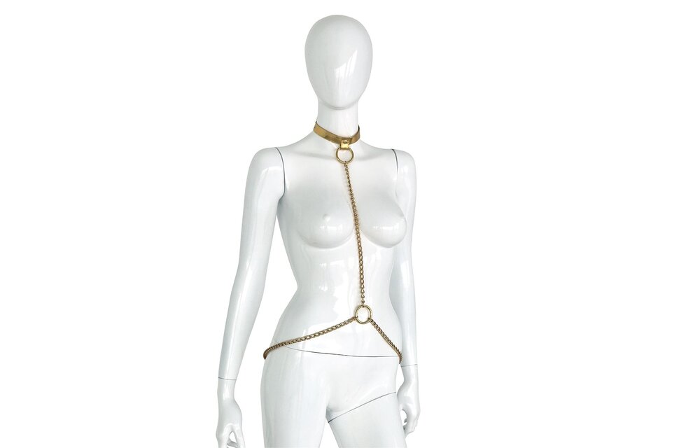 Luxury Gold Leather Collar & Chains for BDSM Elegance