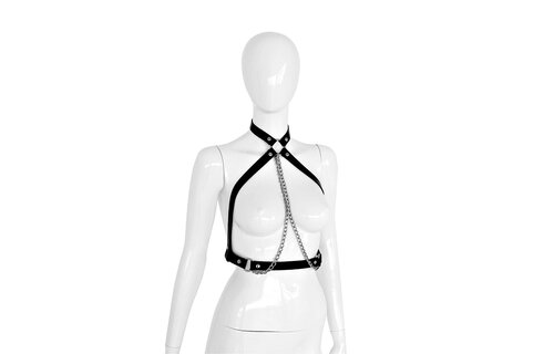 Black Leather Collar Chest Top with Silver Chains | BDSM